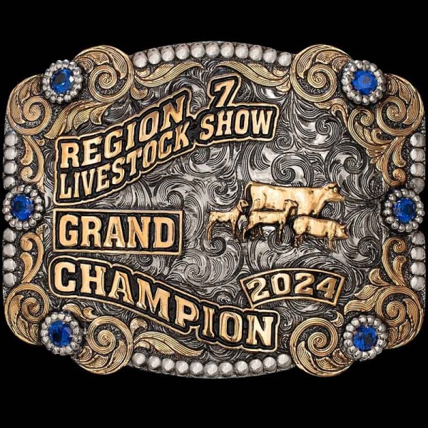 A custom farming belt buckle trophy for Region 7 Livestock Show Champion featuring a cow, goat, lamb and pig figures 